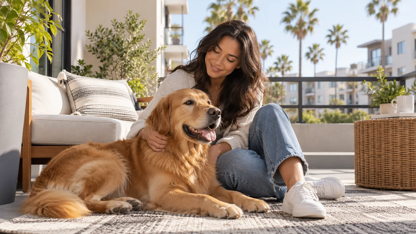 Person sitting beside a golden retriever on an apartment patio