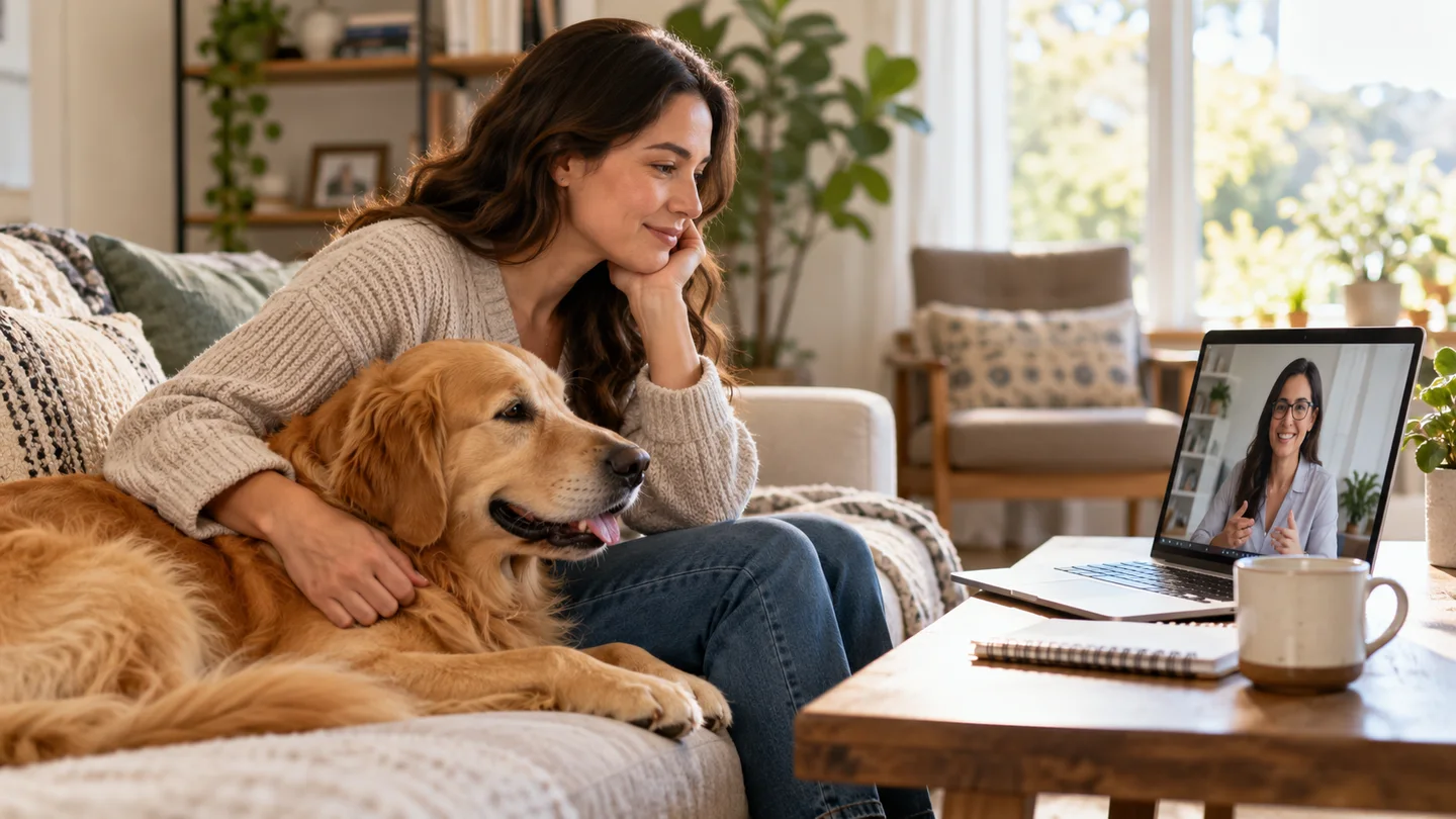A pet owner consulting a clinician from home beside a support dog