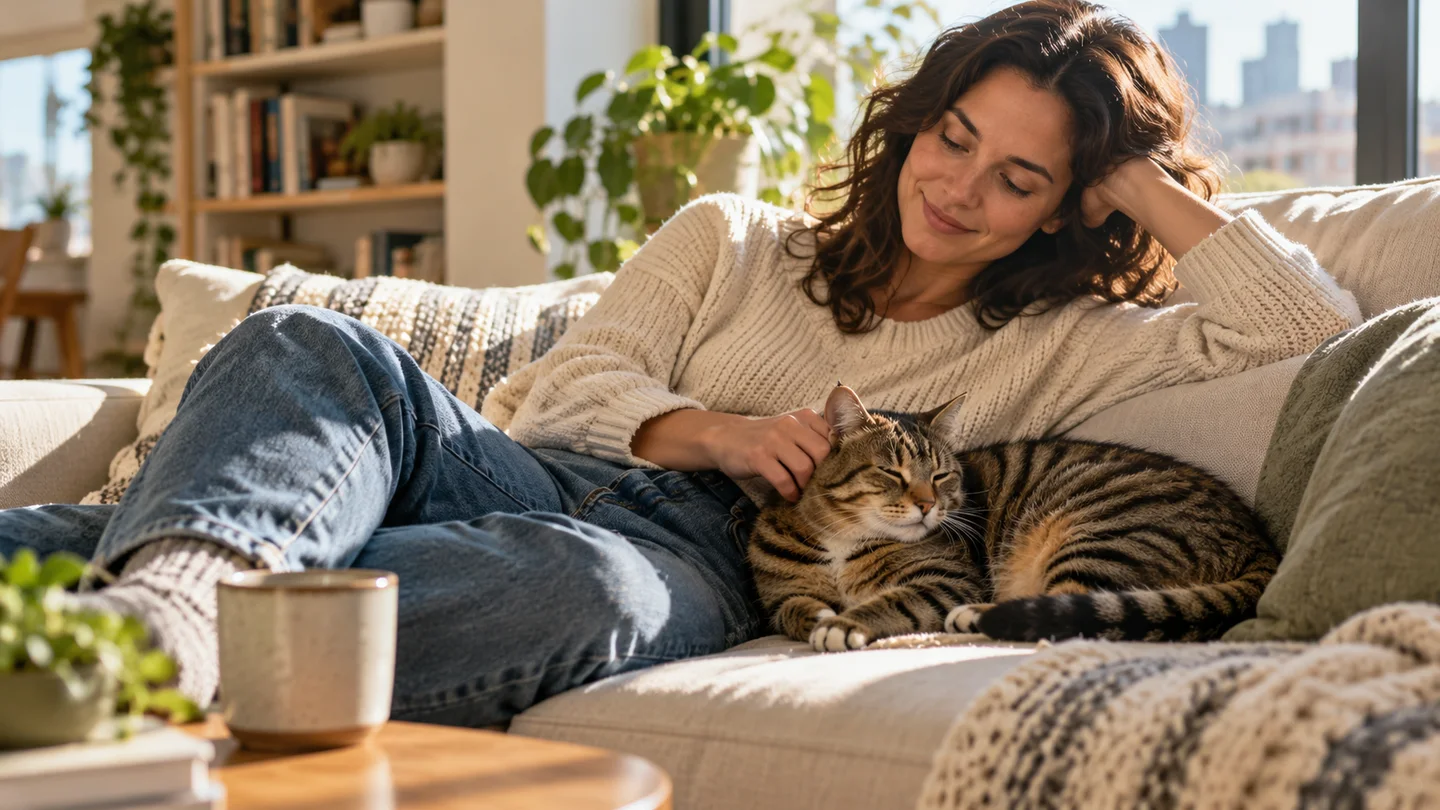 A person relaxing at home beside an emotional support cat