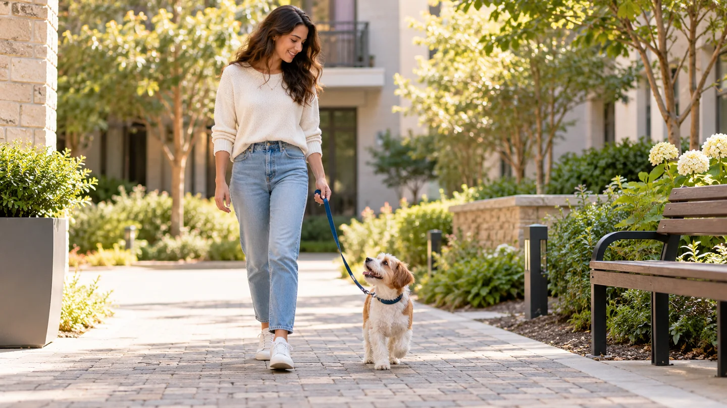 A dog owner practicing calm leash manners