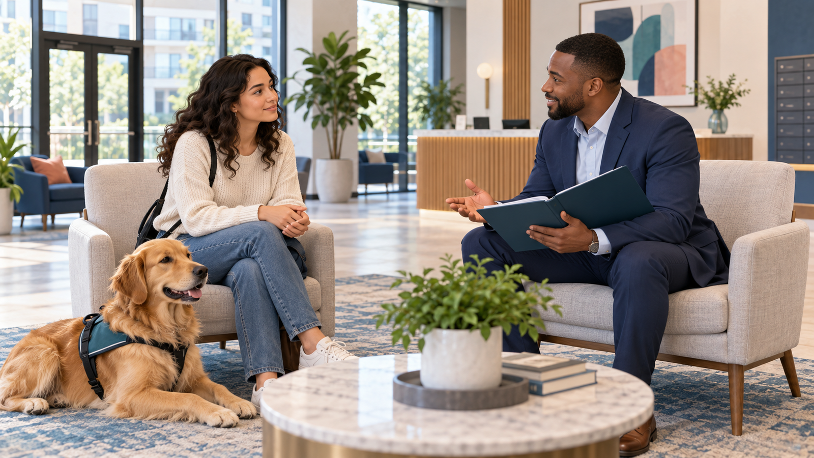 Renter with a golden retriever discussing housing paperwork with a property manager
