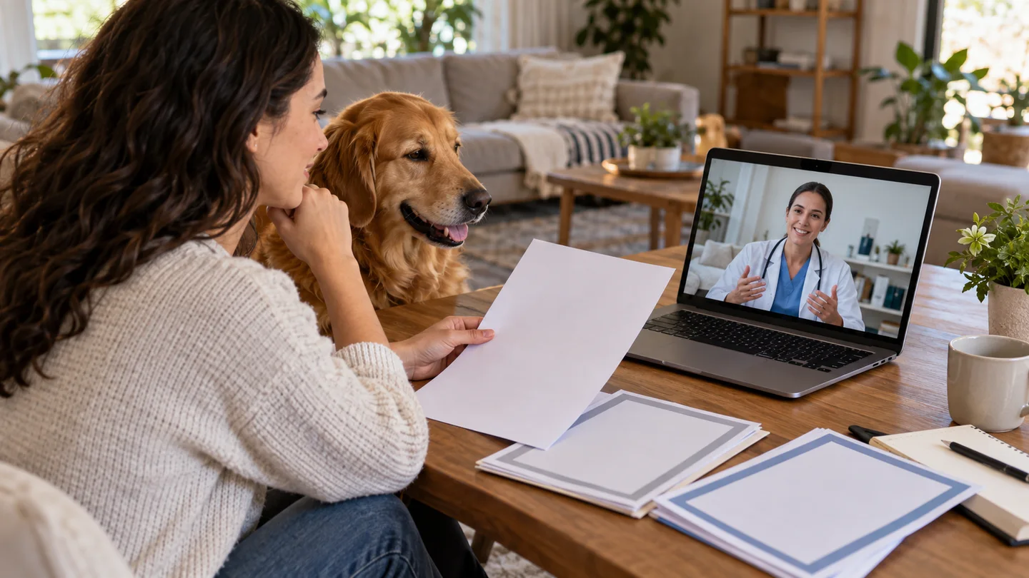 A pet owner discussing professional documentation during a telehealth consultation