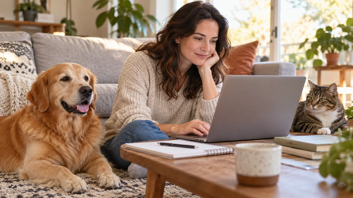 A pet owner at home with a dog and cat