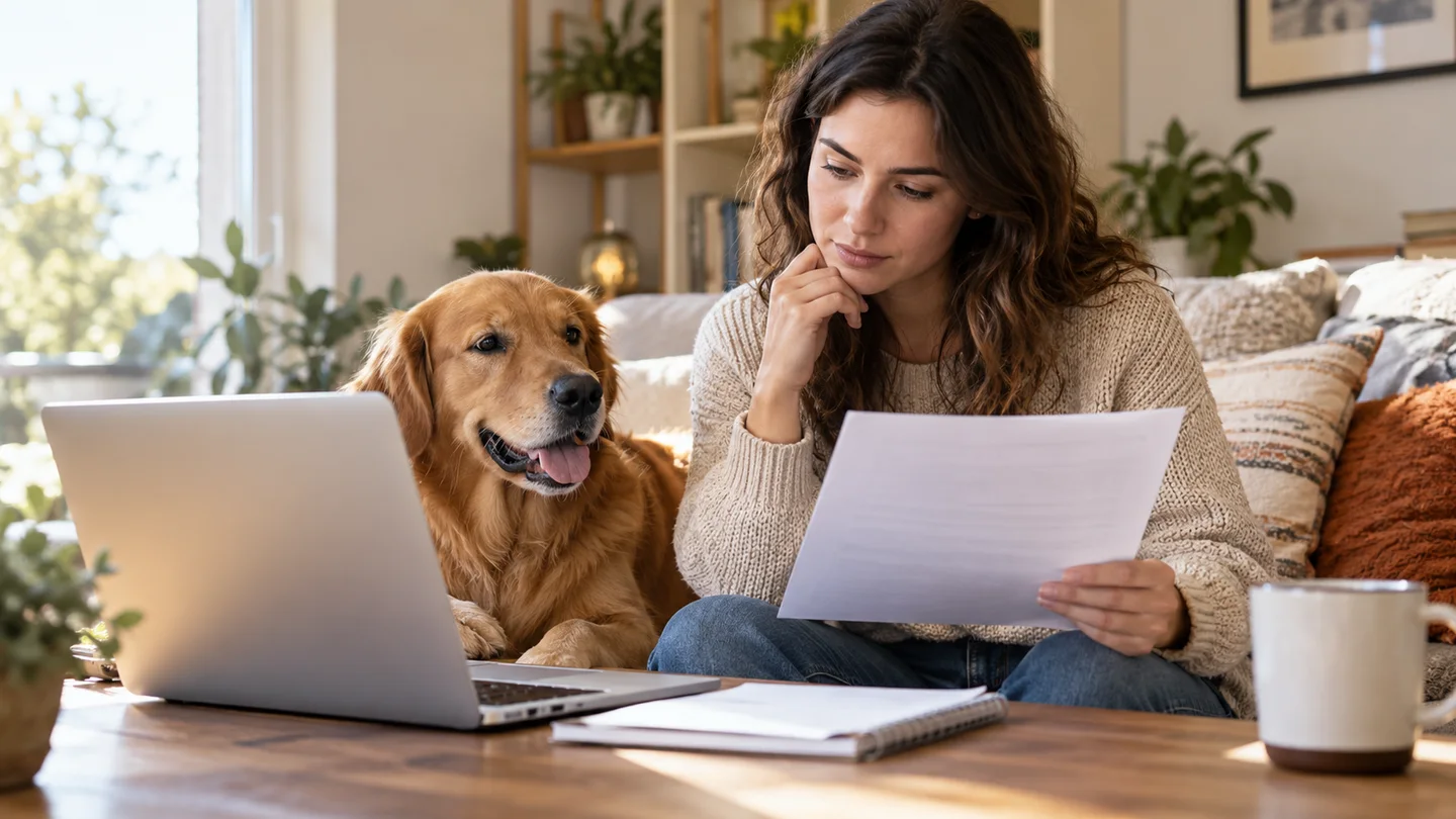 A pet owner carefully checking online documentation