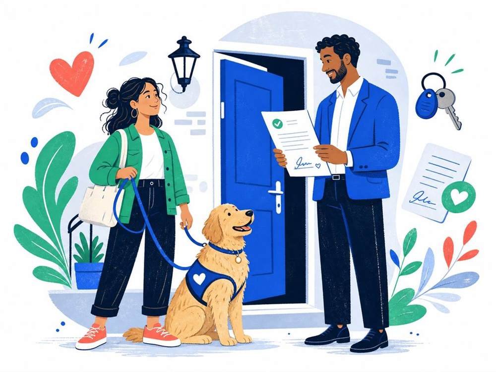 A renter and support dog sharing accommodation documentation with a property manager
