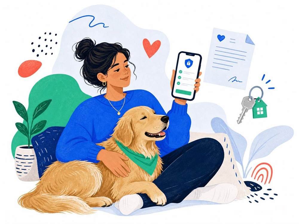 A pet owner completing a private online intake beside her support dog